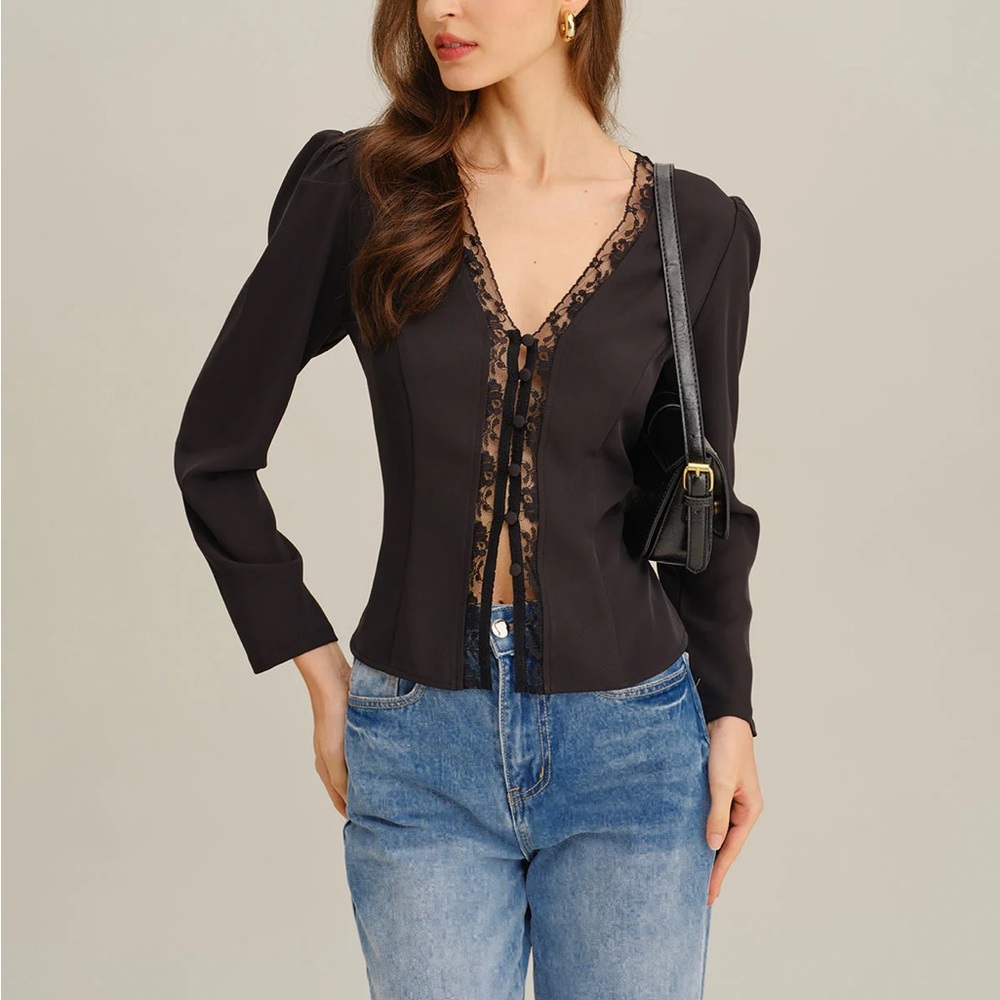 Rihoas black lace V Neck b Blouse